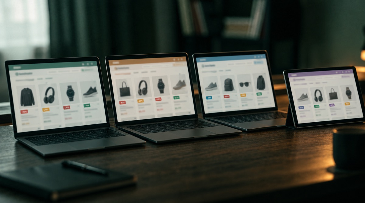 Three laptops and a tablet side by side, each showing an almost identical shop page with product tiles and discount badges.